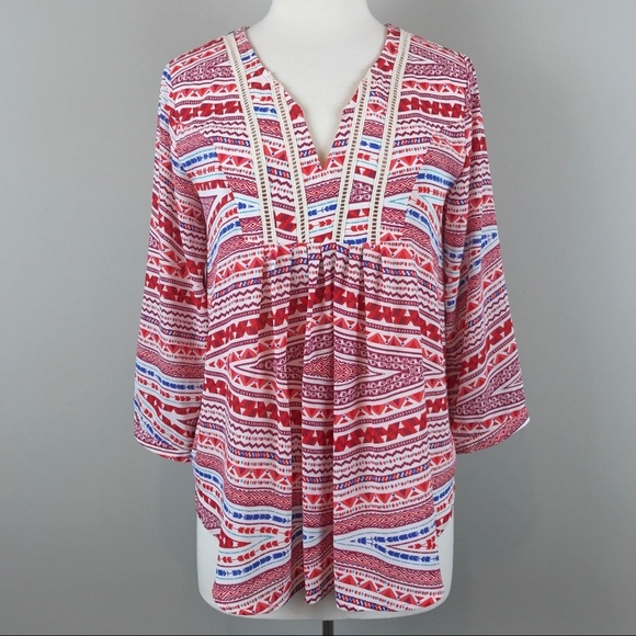 {Collective Concepts} Printed Crochet Inset Blouse - Picture 1 of 8